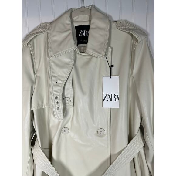Zara Belted Faux Leather cream Trench Coat size medium oversize NWT  - Picture 12 of 16